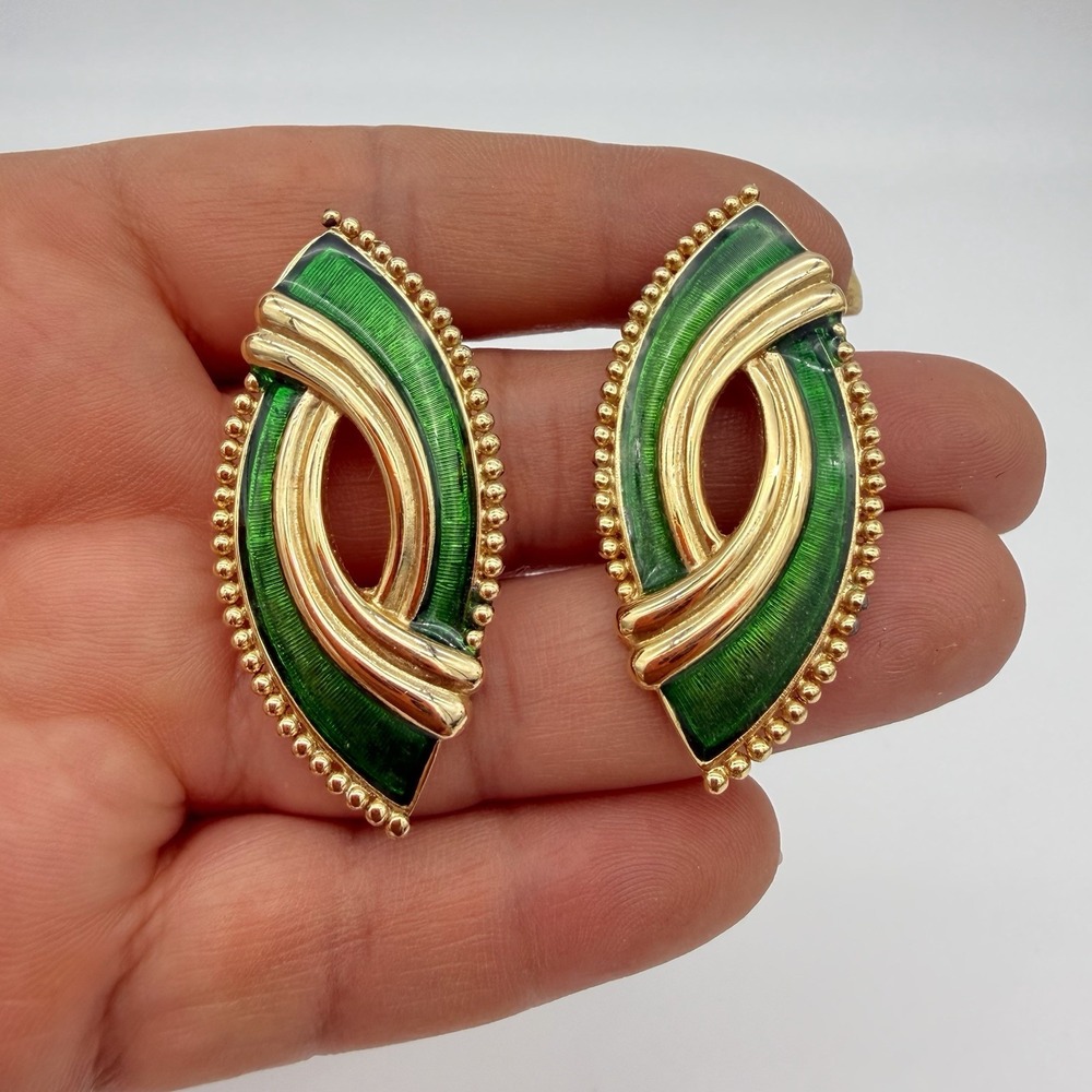 Vtg Large Chunky Gold Tone Clip On Earrings Green Enamel 80s Unsigned Designer